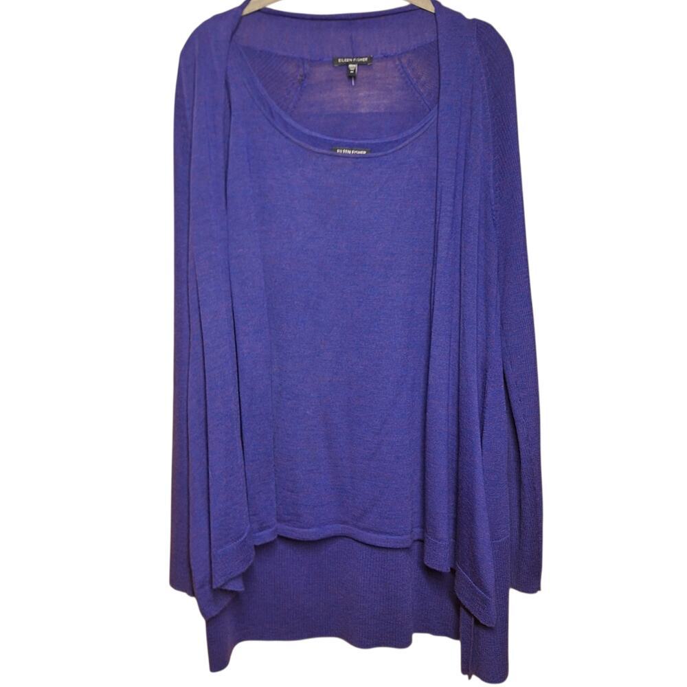 Eileen Fisher 100% Merino Wool Tank cardigan sweater 2 peice set indiago blue M